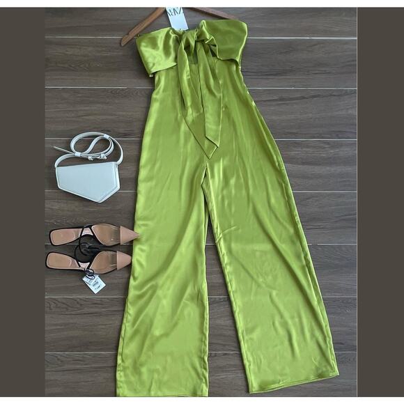 ZARA Strapless Wide-Leg Jumpsuit NWT | Bow Detail Cutout Green M - Picture 15 of 16